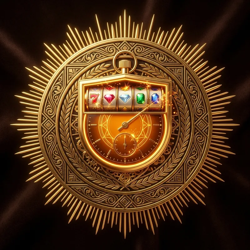Gold casino crest medallion, stopwatch and reel core, trust theme