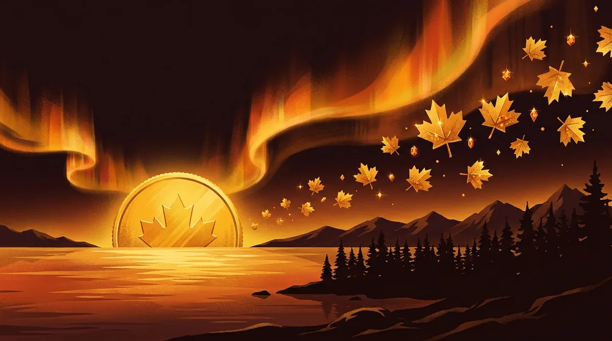 Amber northern lights over a lake with a gold coin moon and maple leaves