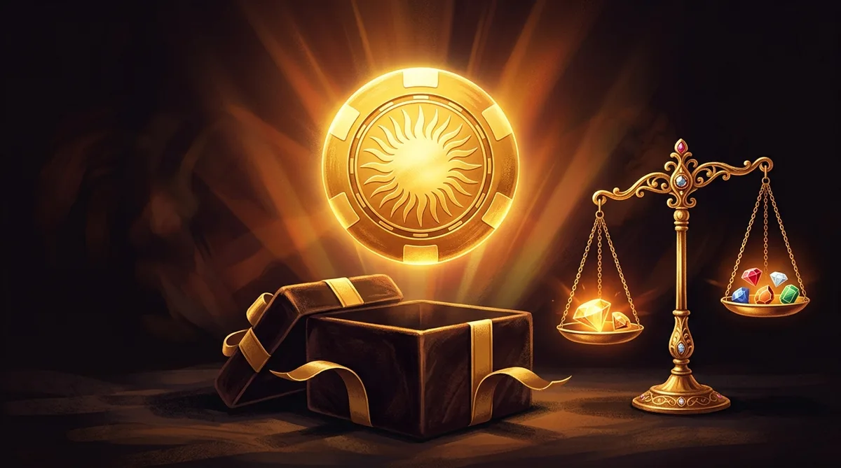 Gold chip above a gift box with a balance scale, chip-value metaphor
