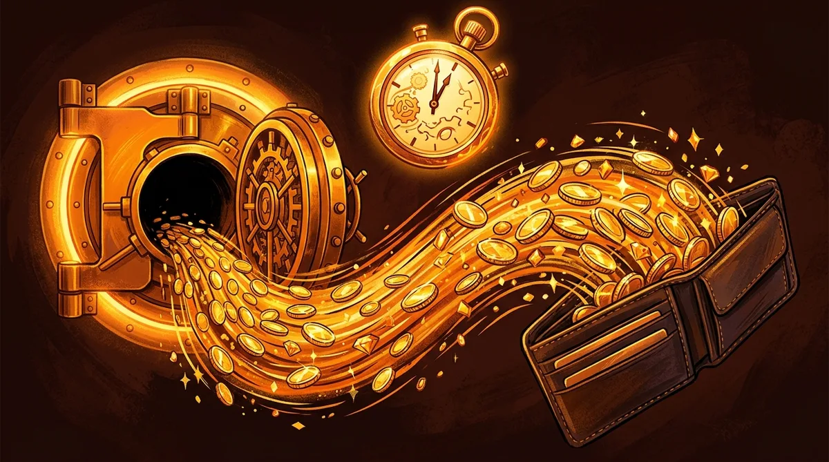 Coins racing from a vault into a wallet under a stopwatch near zero
