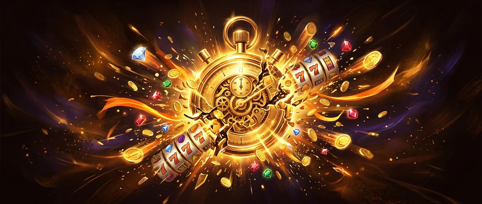 Golden stopwatch bursting open with coins, gems and slot reel fragments